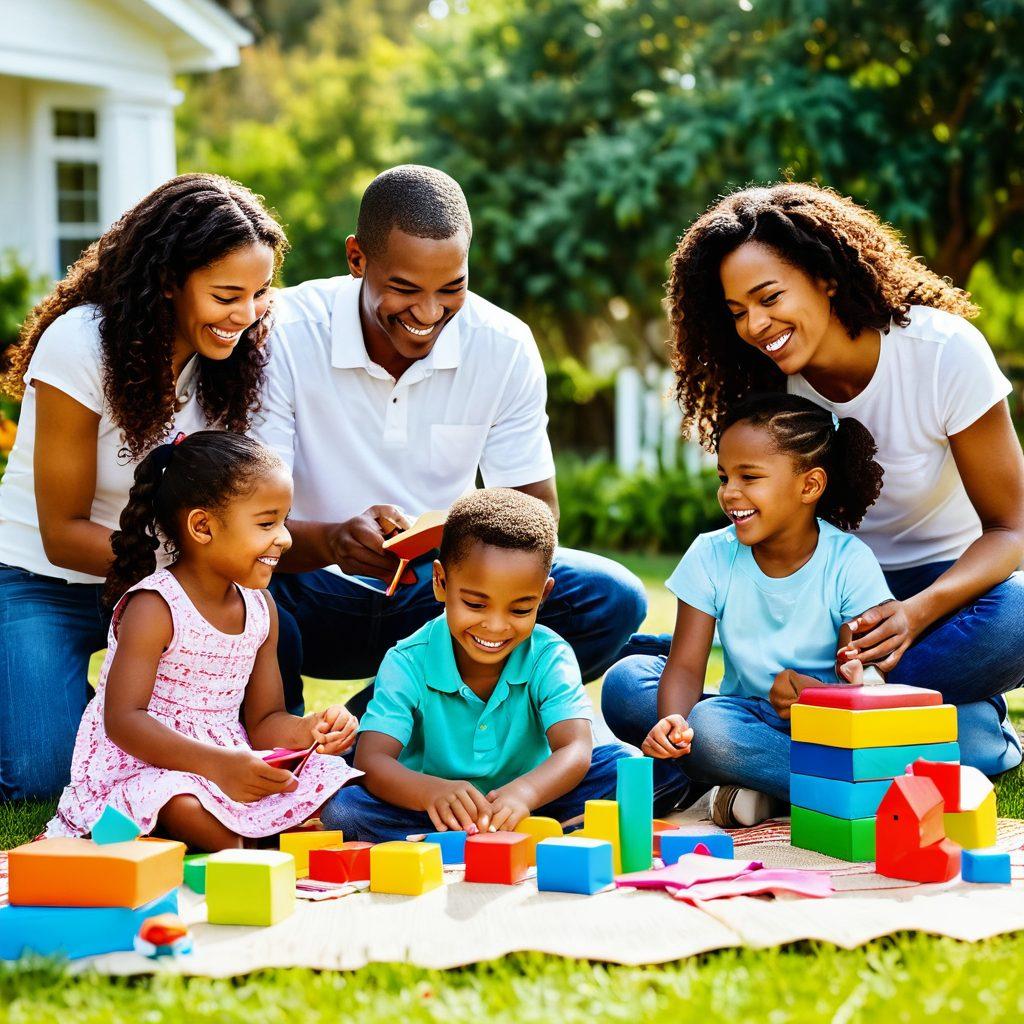 A joyful family engaging in fun educational activities outdoors, surrounded by colorful toys and books, embodying the values of teamwork and compassion. Show a diverse group of parents and children participating in a creative project, with smiles and laughter filling the scene. Bright and inviting atmosphere with soft natural lighting. super-realistic. vibrant colors. white background.