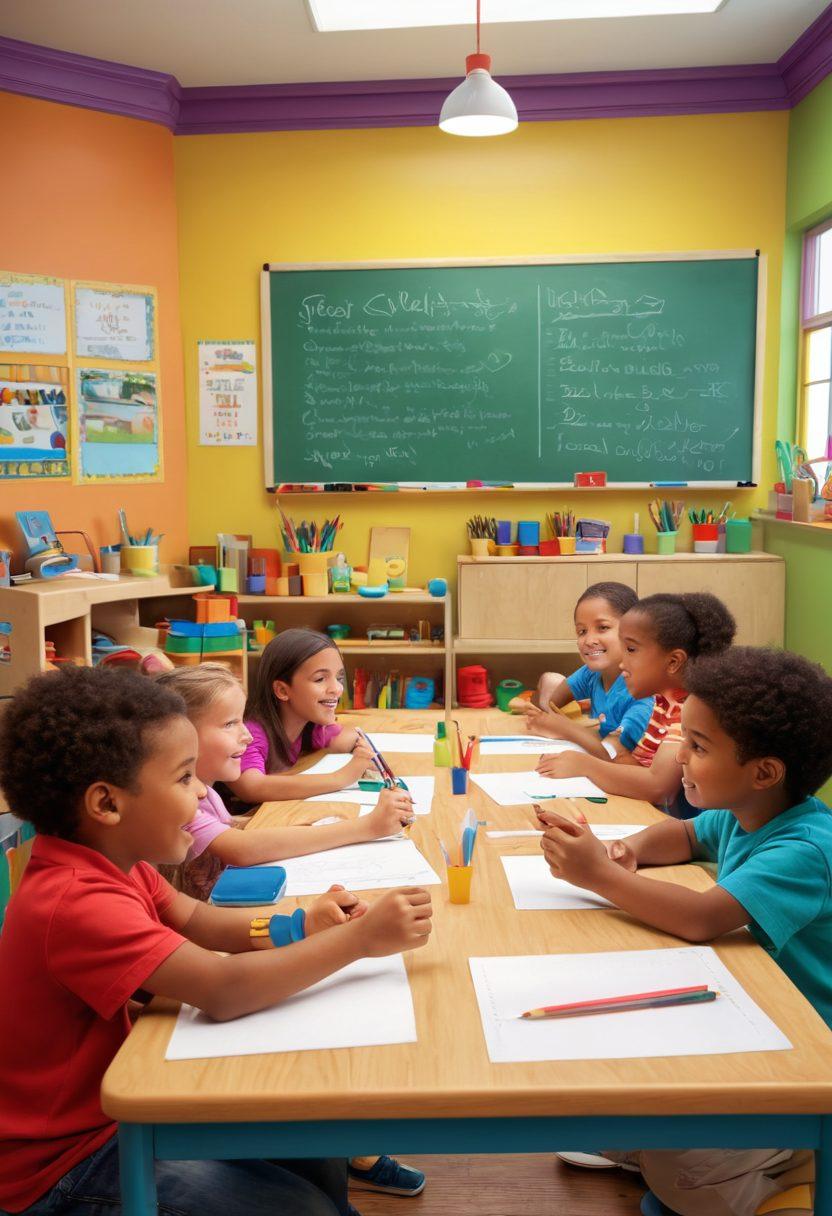 A colorful classroom scene with diverse children engaged in interactive learning activities, such as hands-on experiments, group discussions, and creative art projects. The room is bright and inviting, featuring playful educational tools and a chalkboard filled with ideas. The children's faces reflect curiosity and joy, showcasing trust and creativity in their interactions. super-realistic. vibrant colors. 3D.