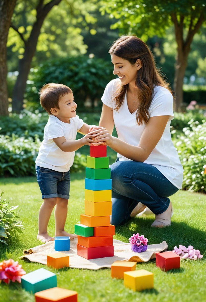 A warm and inviting scene of a parent and child engaged in playful learning activities in a sunlit park. The child is building a colorful tower with blocks, while the parent smiles and encourages them, surrounded by lush greenery and cheerful flowers. Include playful animals and a gentle breeze for a lively atmosphere. The colors should be soft and vibrant, evoking a sense of joy and connection. super-realistic. vibrant colors. white background.